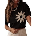 thumbnail image 3 of Womens 3D Floral Embroidery Pleated Soft Breathable Round Neck Short Sleeve Tshirt Black S, 3 of 9