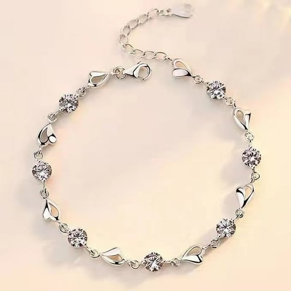 New 925 Sterling Silver Zircon Love Heart Shaped Bracelets Crystals for Women Valentines Gift Wedding Party Cute Jewelry 8inches