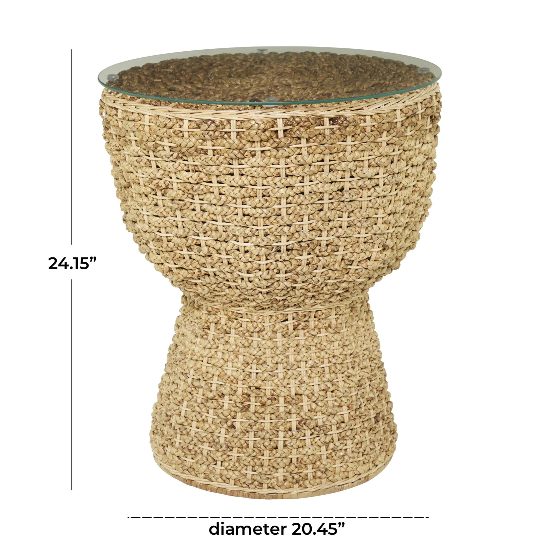 DecMode 20" x 24" Brown Seagrass Handmade Woven Accent Table with Glass Top, 1-Piece