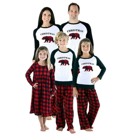 

JBEELATE Family Matching Christmas Pajamas Suit Dad Mom Kid Cartoon Bear Printed Tops+Plaid Long Pants Soft Xmas Pjs