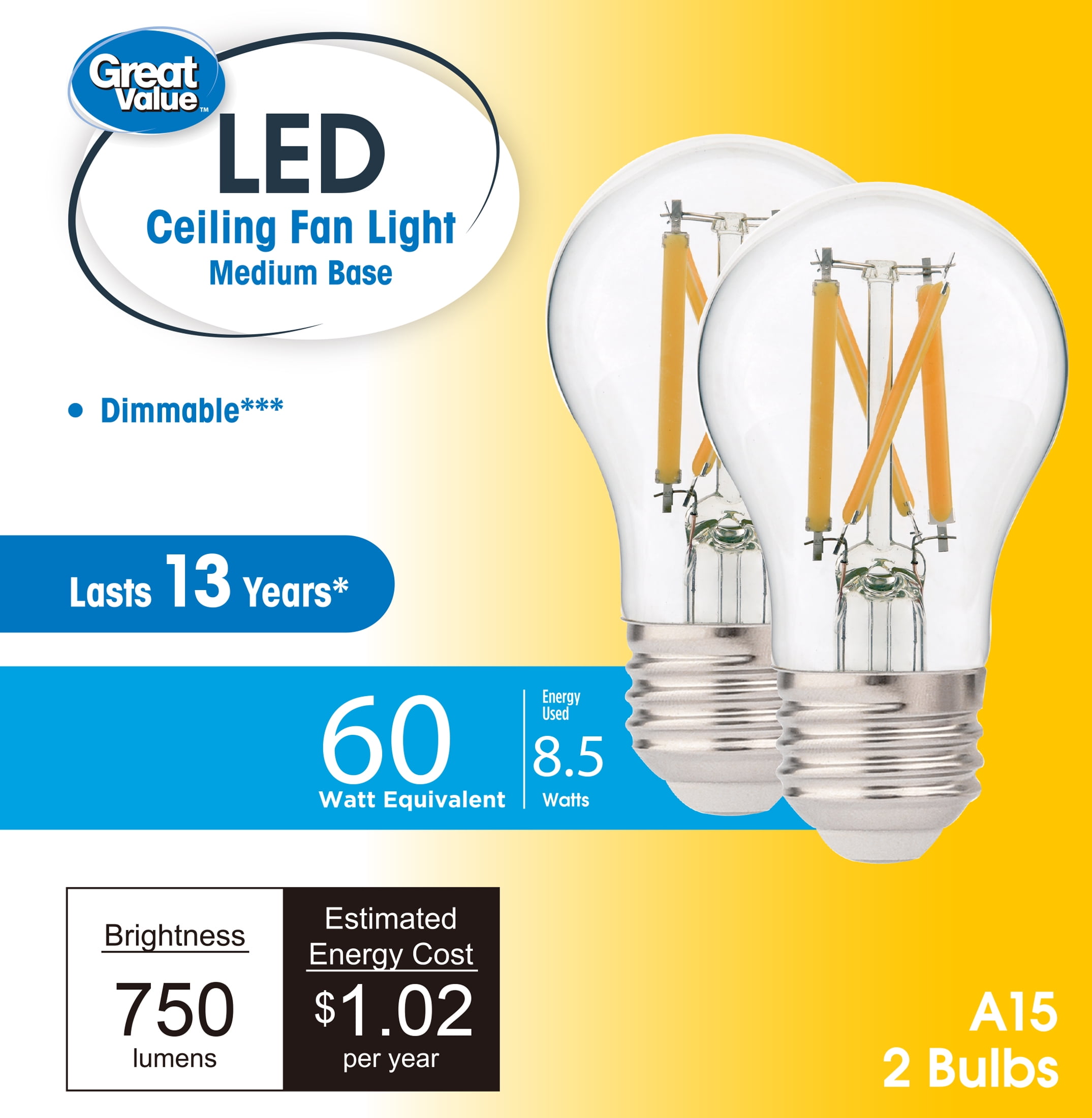(2 pack) Great Value A15 LED 8.5W (60W Equivalent) Soft White Ceiling Fan E26 Medium Base Light Bulbs, Dimmable, 2 Pack