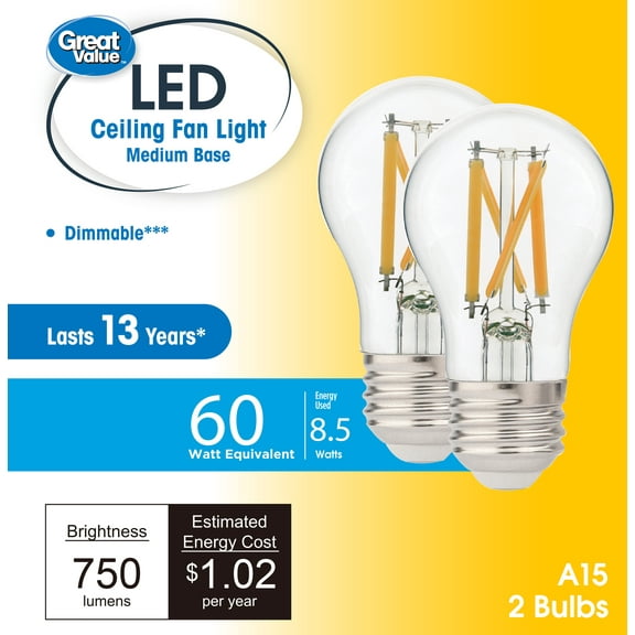Great Value A15 LED 8.5W (60W Equivalent) Soft White Ceiling Fan E26 Medium Base Light Bulbs, Dimmable, 2 Pack
