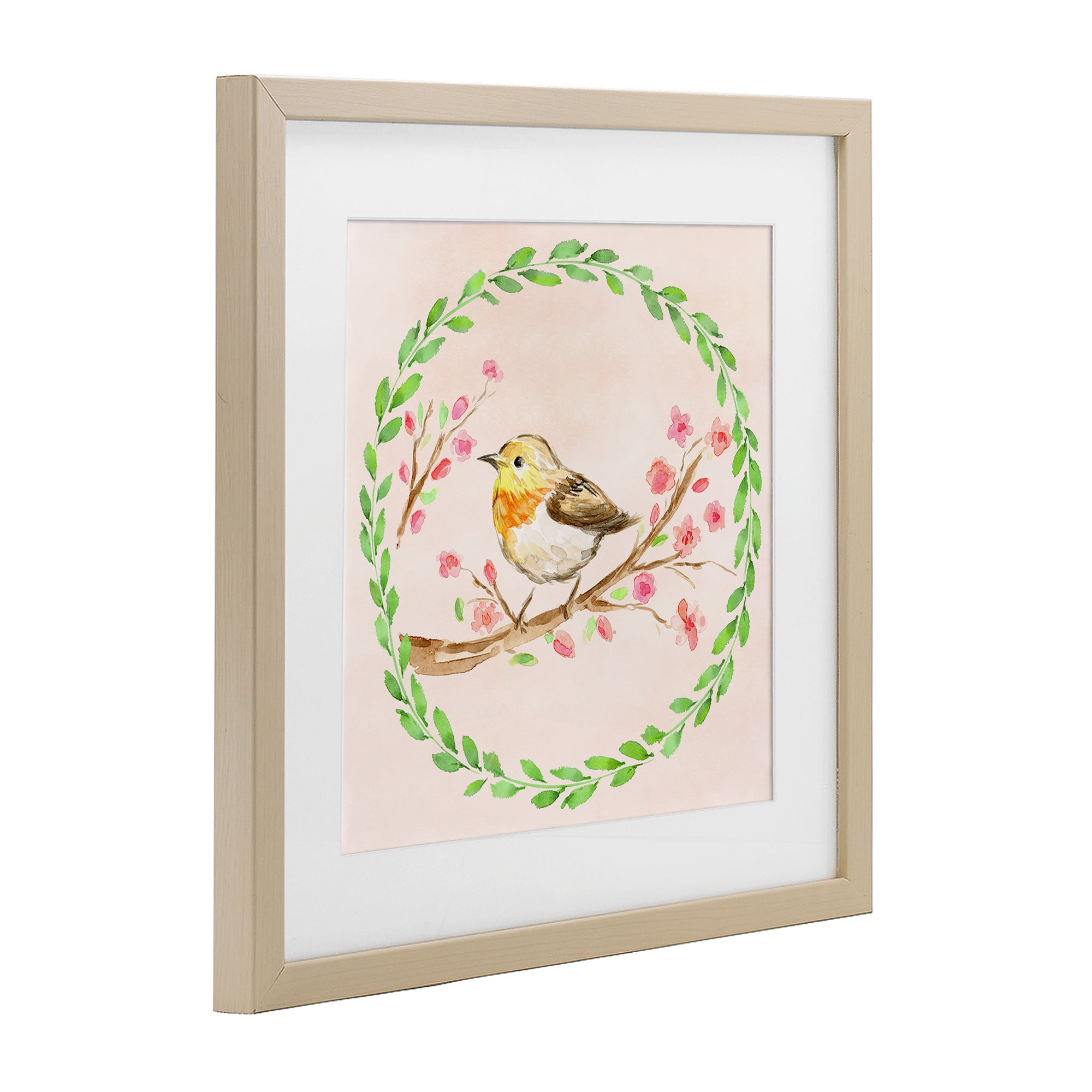 Spring Wreaths Bird Birch Framed Print Under Glass, design by Elena Fay