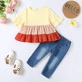 thumbnail image 2 of Kucnuzki 6 Months Baby Girl Summer Outfits Pants Sets 12 Months Short Sleeve Color-Blocked Ruffles Peplum Tops Elastic Ripped Denim Pants 2PCS Set White, 2 of 6