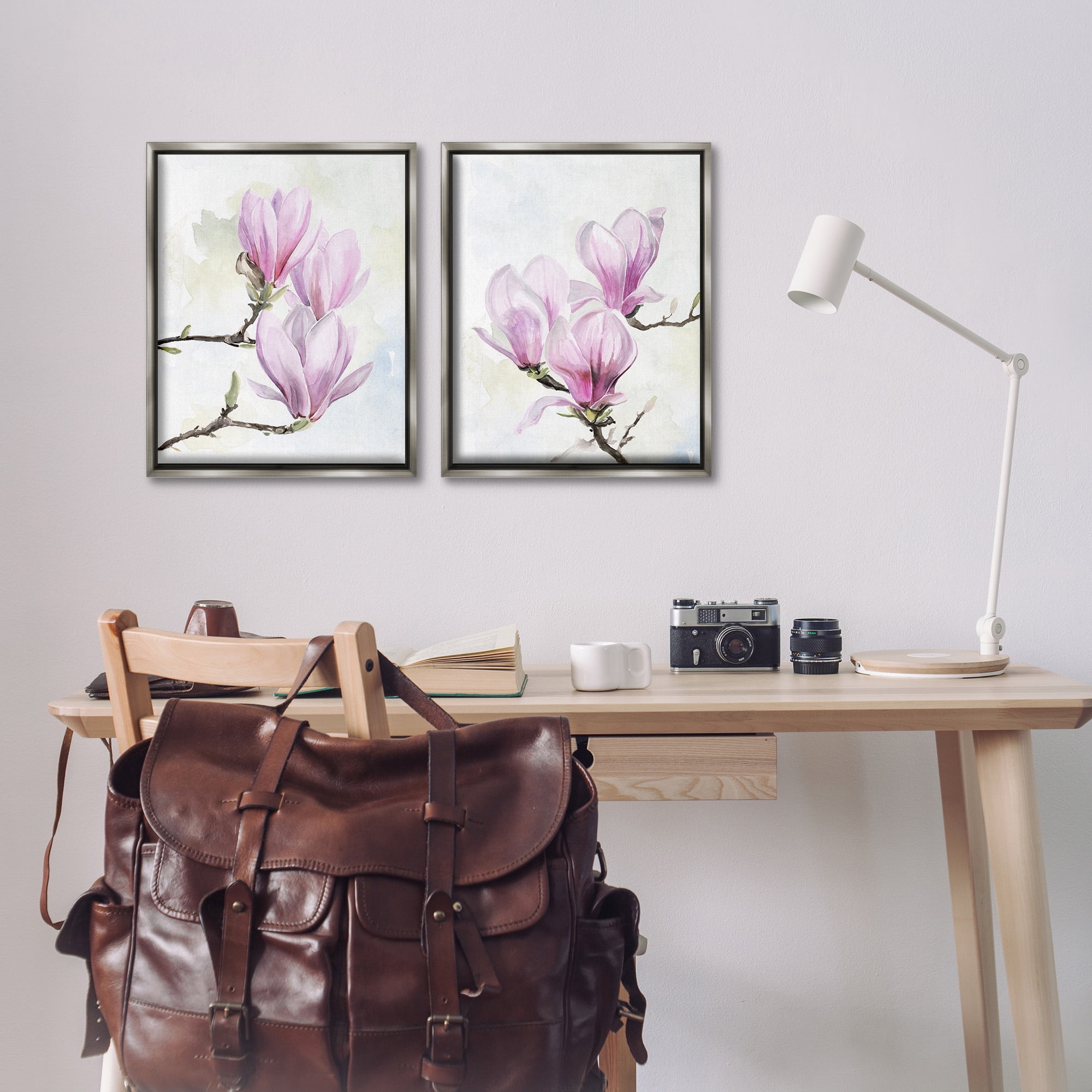 Stupell Industries Pink Magnolia Flower Blossoms Botanical & Floral Painting Gray Floater Framed Canvas Art Print Wall Art, 17 x 21, Set of 2