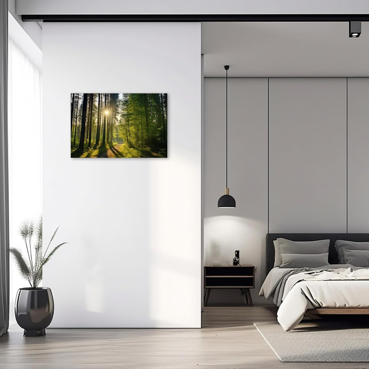ZHONGYUTONG Green Forest Canvas Wall Art Sunshine Through Forest Road Picture Prints Morning Sunrise Paintings Nature Landscape Wall Decor Framed (12.00" x 18.00")