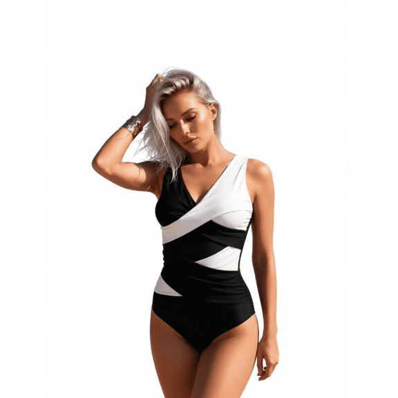 Women's Black & White Color Block One Piece Swimsuit – V-Neck Ruched Bathing Suit