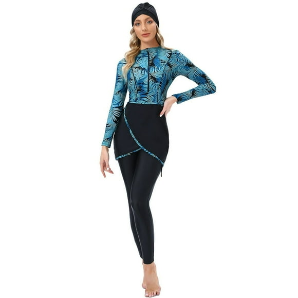 3-Piece Set Muslim Sports Swimwear Women Islamic Burkini Modest Print Patchwork Hijab Long Sleeves Swimsuit