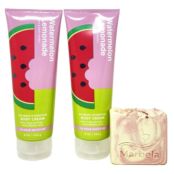 Bath & Body Works Watermelon Lemonade 2 Pack Ultimate Hydration Body Cream Set with a Marbela Himalayan Salts Springs Bar Soap - Full Size