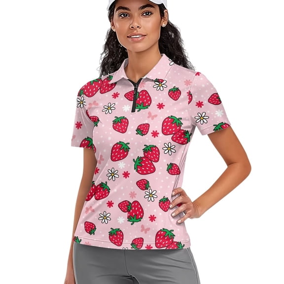 Garronmavis Women's Golf Shirt Zip Up Short Sleeve Tennis Shirts Collared Shirts Sports Workout Tops Womens Fruit Golf Shirt, Cute Strawberry, Size XS