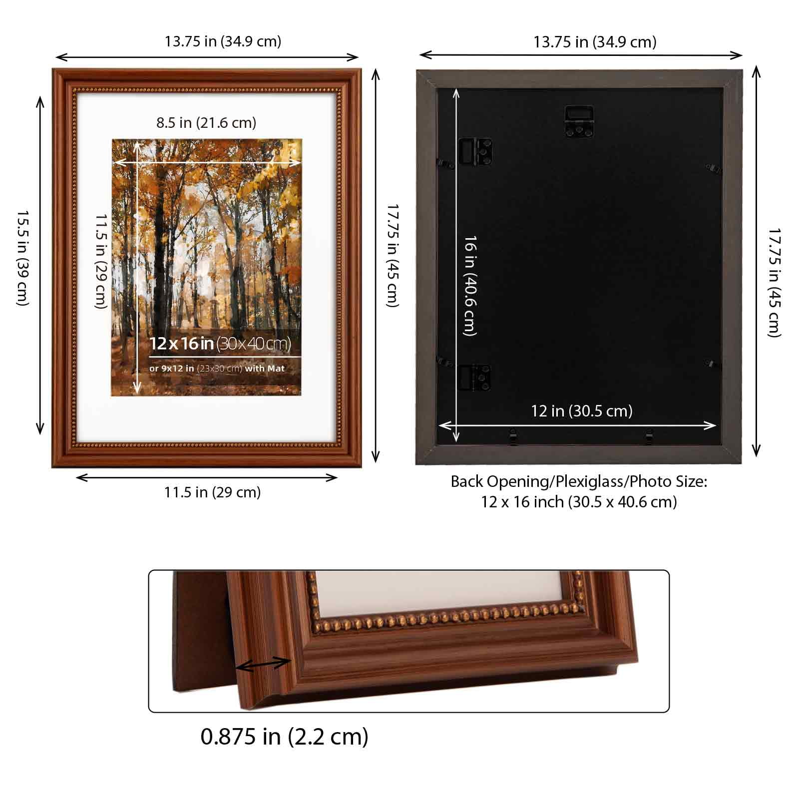 12x16 in Wood Classic Gallery Poster Picture Frame, Gold Ornate Beaded Inner, Matted for 9x12 Photo, Multiple Way Display, Brushed Brown Brass