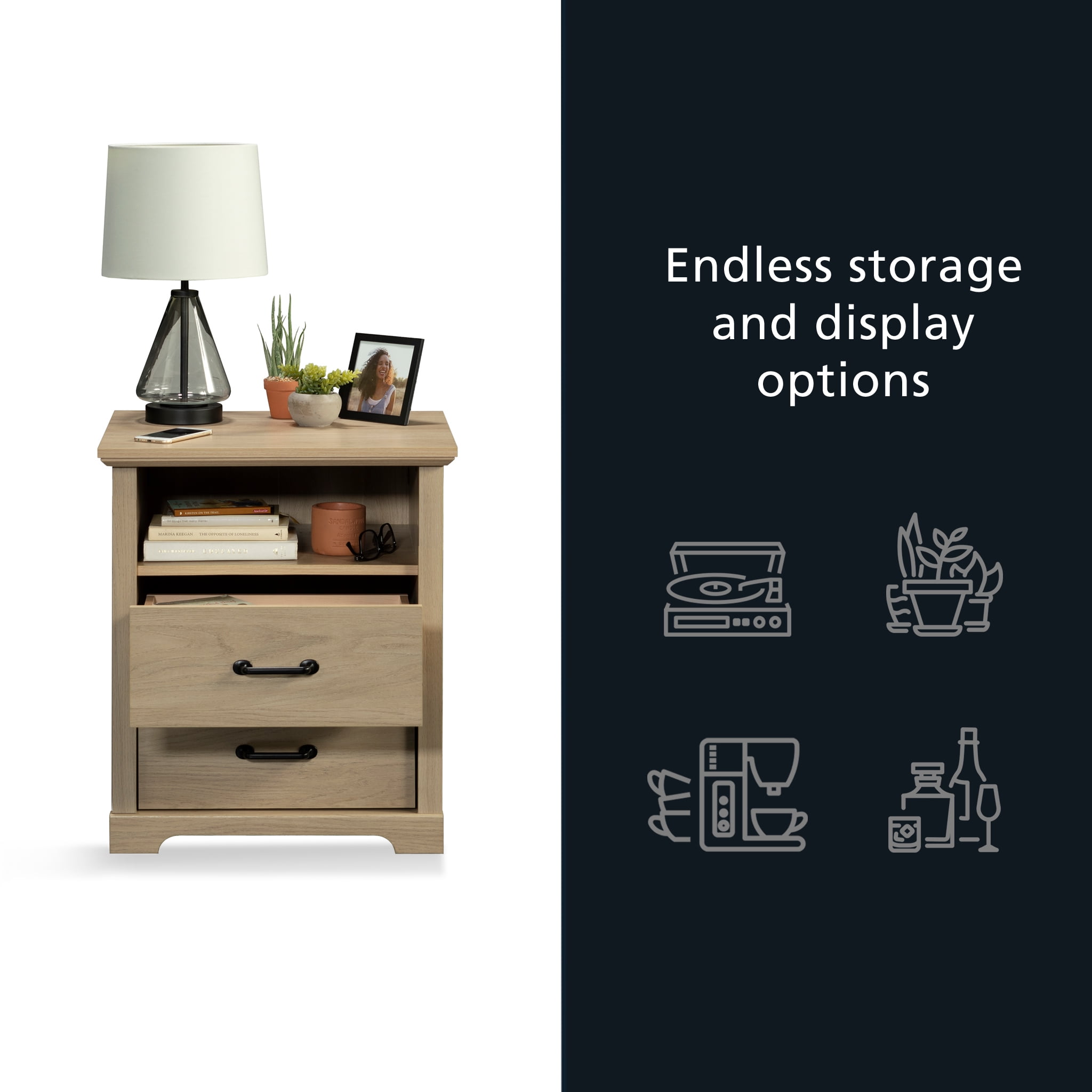 (2 pack) Mainstays Harrington 2 Drawer Nightstand, Washed Oak Finish