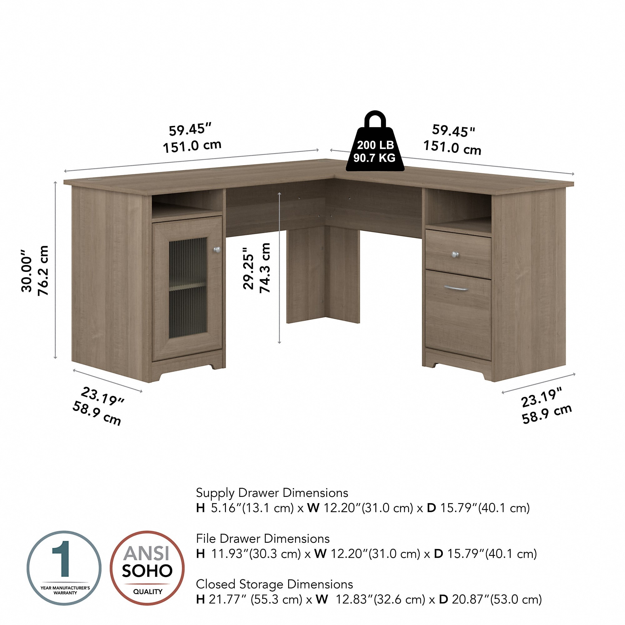 Bush Furniture Cabot 60" L Shaped Desk with Storage, Ash Gray