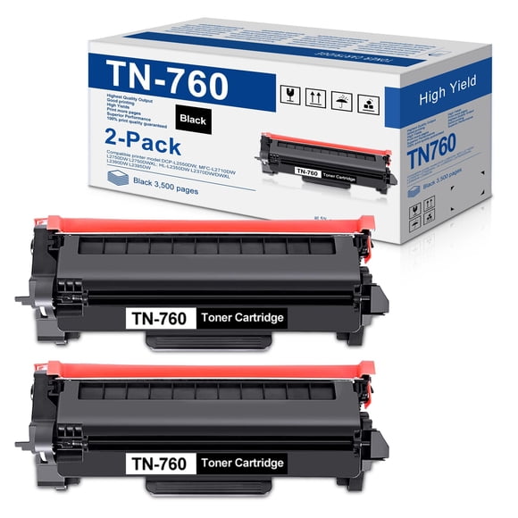 TN760 High-Yield Black Toner Cartridge Twin Pack, TN760 2PK, Replacement for Brother TN-760 TN-730 Toner for HL-L2350DW L2395DW L