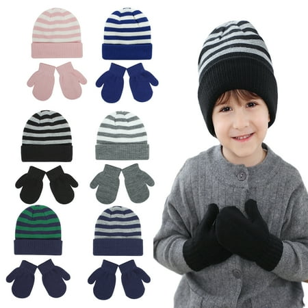

KYAIGUO 2PCS Kids Baby Boys Girls Hat with Pom and Glove 2-Piece Set Infant Striped Woolen Hat Warm Gloves Outfit 18M-8Y