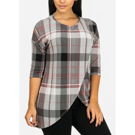 Slit Front Cotton Top (Womens Juniors Stylish Elbow Sleeve Round Neckline Front Center Slit Plaid Print Grey Tunic Top)