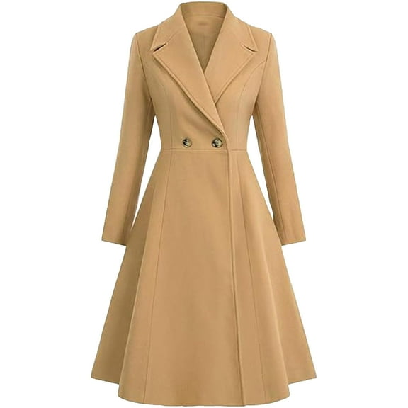 HTNBO Womens Pea Coat Double Breasted Wool Blend Trench Coat A Line Notch Lapel Winter Dress Outerwear for Business Office