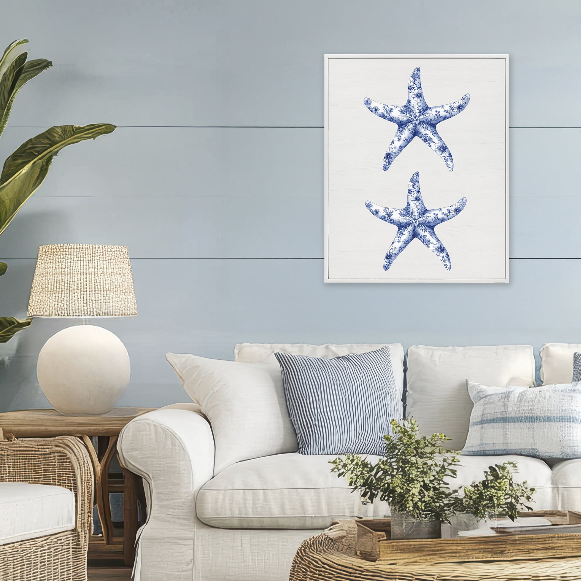 Vintage Toile Starfish White Framed Giclee Art, design by Lettered and Lined