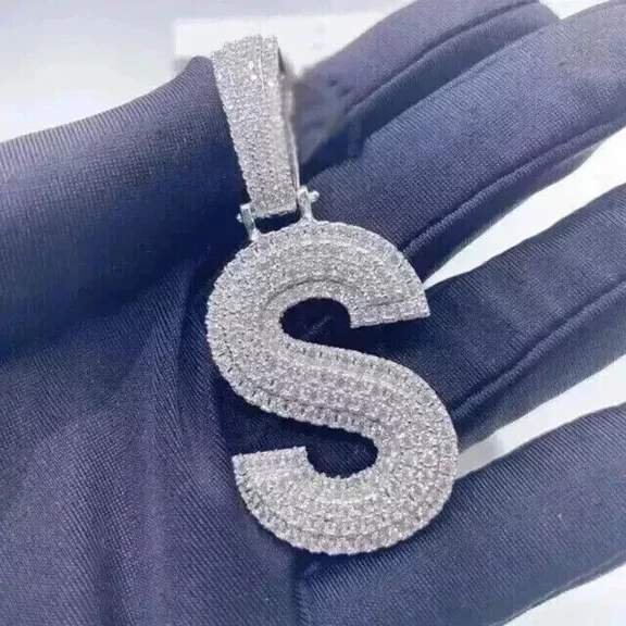 Men's Customize Letter Pendant 3 Ct Round Cut White Moissanite White Gold Plated