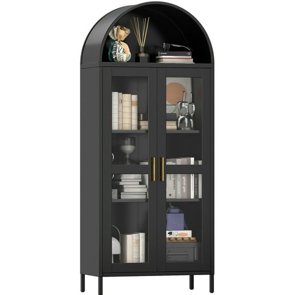 GangMei Metal Arched Display Cabinet with Glass Doors and Adjustable Shelves, Garage Storage Cabinet, Kitchen Pantry Cabinet, Arch Bookcase, Assembly Required