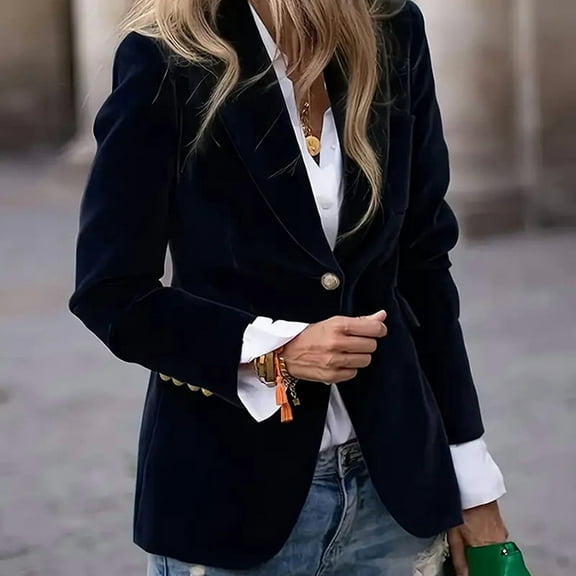 VIWORLD Women's Solid Color Notch Lapel Blazer Slim Fit Long Sleeve Formal Fall Winter Elegant Office Wear Black S