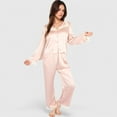 thumbnail image 4 of Lounge Women's Satin Pajama Set with Lace Trim and Button-Up Long Sleeve Top - Large, Pink, 4 of 7