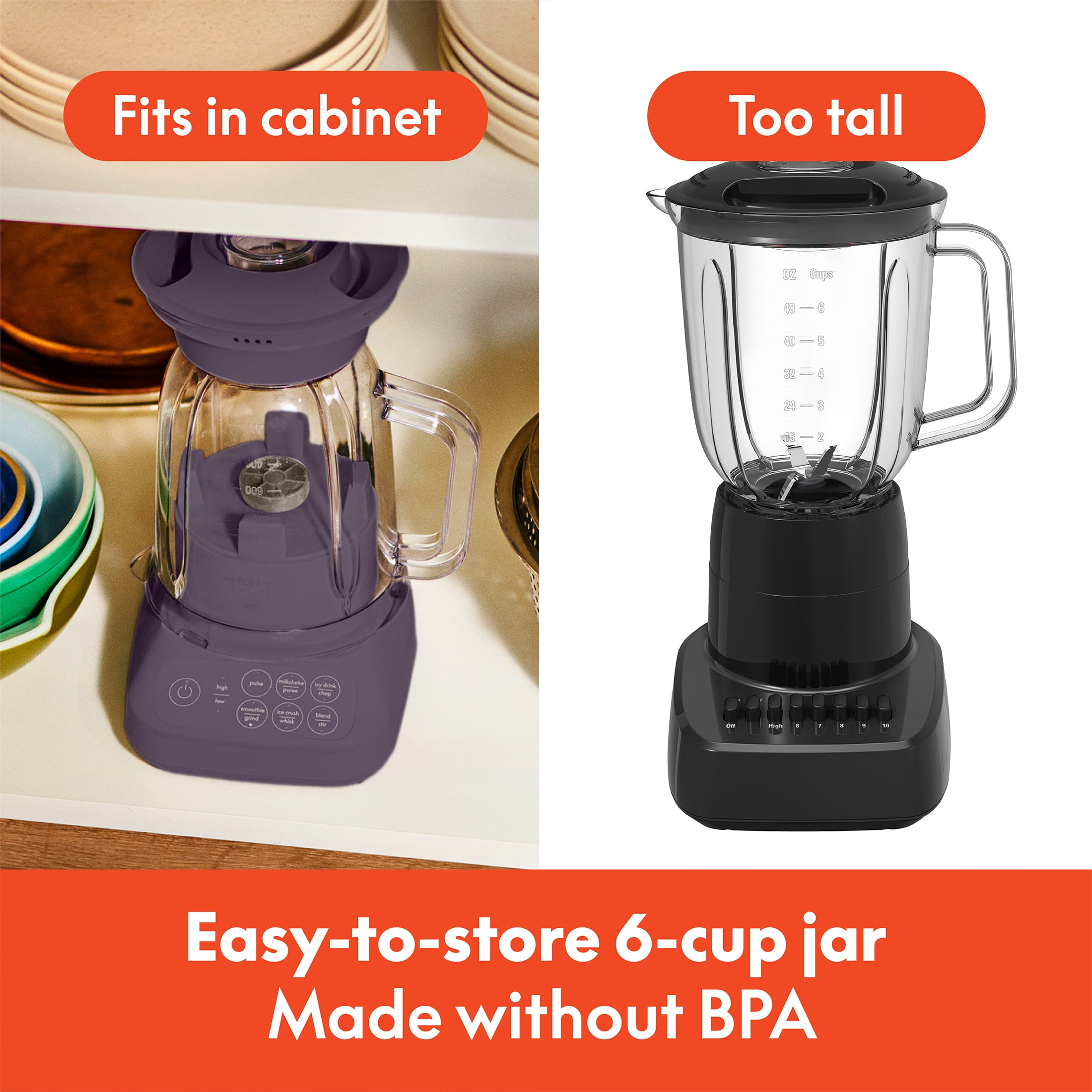 bella 10 Speed Countertop Blender, 48 oz Dishwasher Safe Pitcher, Juicer & Smoothie Maker with Fits-Anywhere™ Slim Flip & Store Design, Stainless Steel Blade, Plum