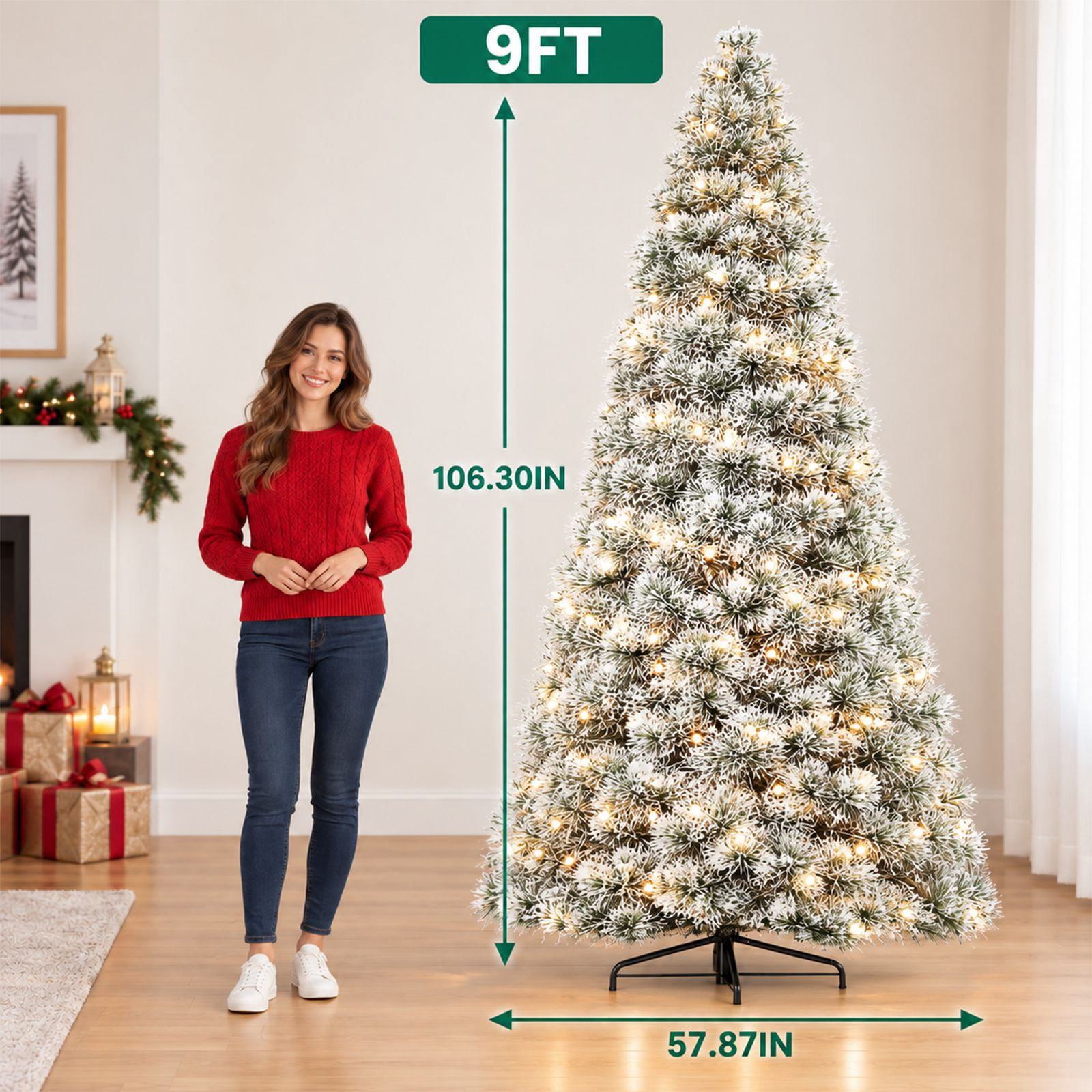 Alvantor Pre-Lit Christmas Tree, Flocking 9 FT Hinged Spruce, 600 LED Lights, 2000 Tips