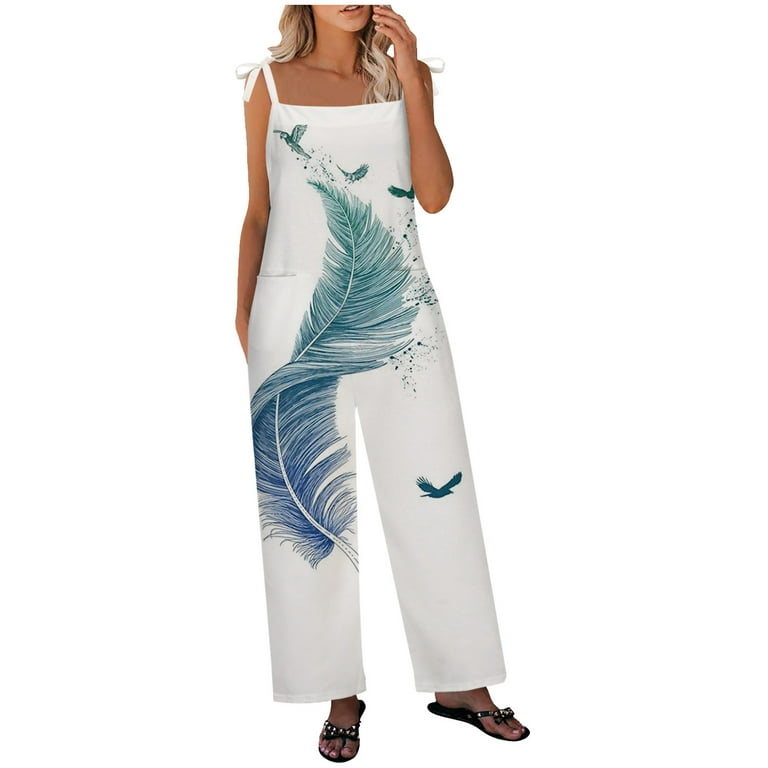 YWDJ Plus Size Jumpsuits for Women Plus Size Fancy Summer Wide Leg Loose  Fit Long Pant Sleeveless Ladies Travel Comfortable 2023 Vacation Jumpers  and Rompers Printing Adjustable Light Blue XXL 