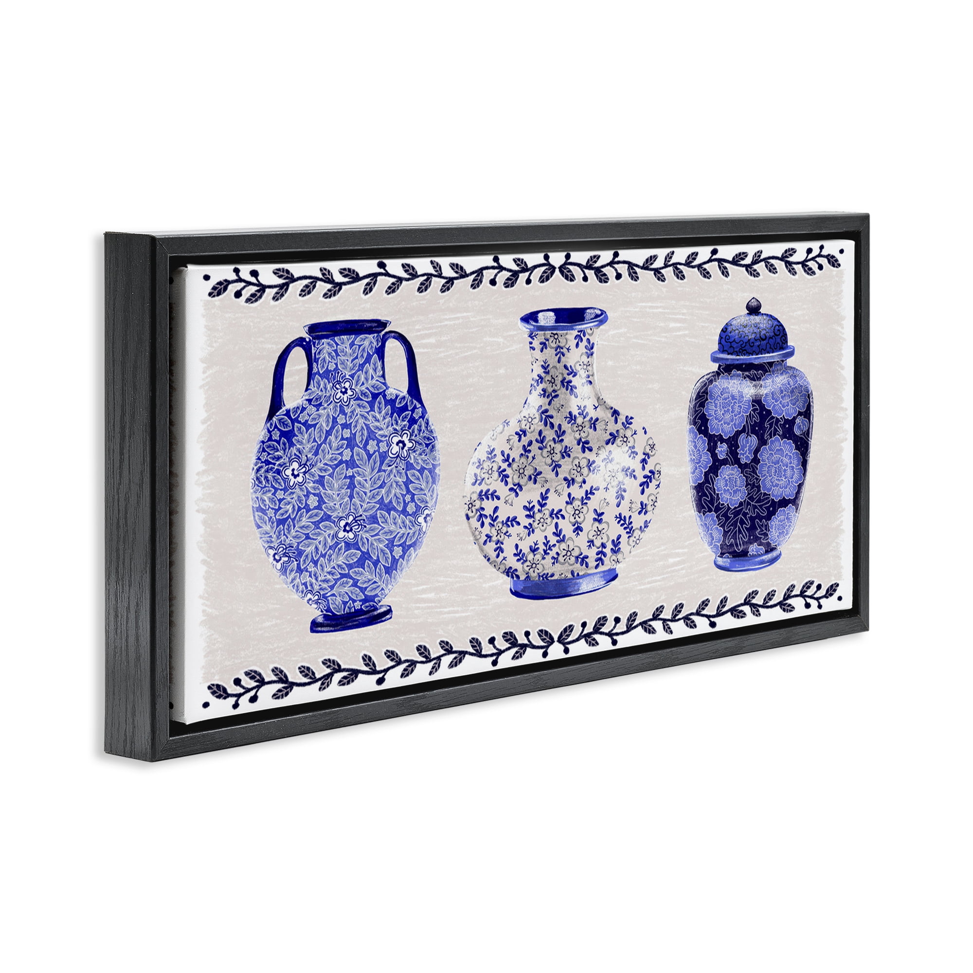 Stupell Industries Traditional Blue Vases Plants & Flowers Painting Black Floater Framed Canvas Art Print Wall Art, 31 x 14