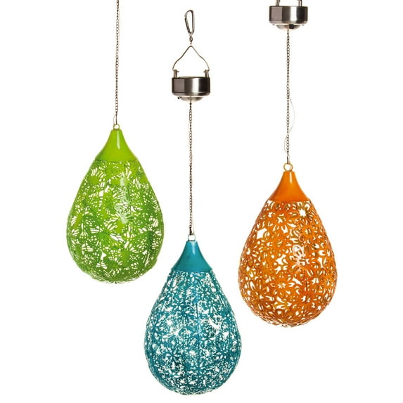Evergreen Metal Teardrop Solar Lantern, Set of 3