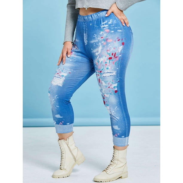 MÁS TAMAÑO MÁS ALTO SUR MISMO 3D ROPPED JEAN PRINCIPLE TRIMPLE Rosegal Leggings de talla grande