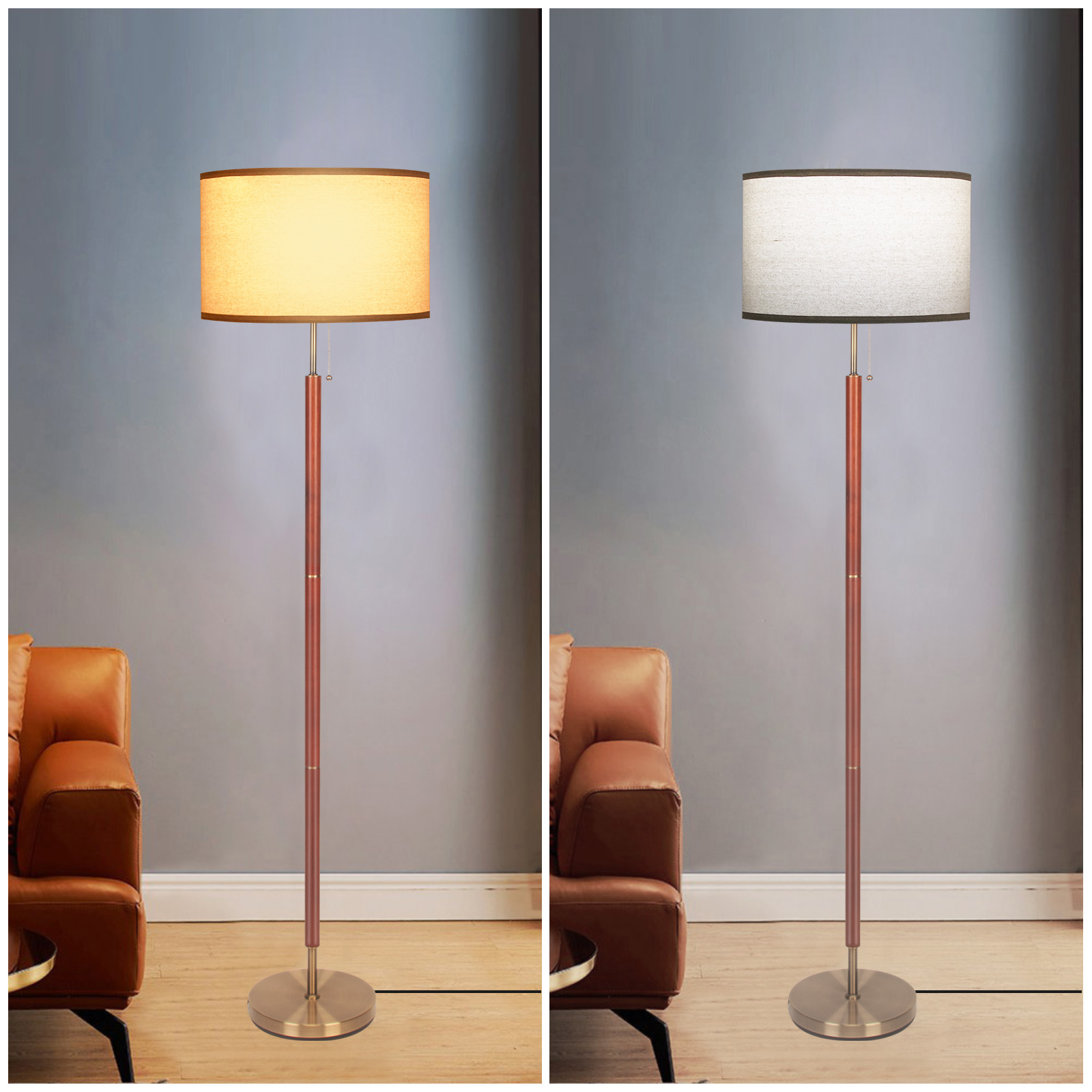 HonoDing Modern 64"Floor Lamp Wood with Beige Linen Shade