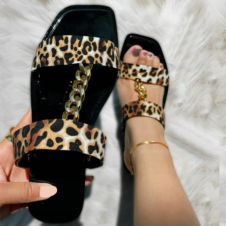 

Follure Womens Shoes Summer Slippers Metal Chain Square Toe Slippers Fashion Flat Plus Size Leopard Print Slippers