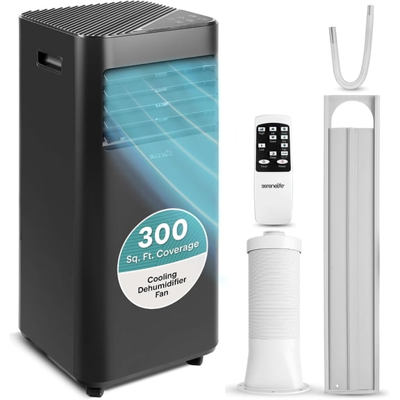 SereneLife 8000 BTU Portable Air Conditioner - 3-in-1 Portable AC Unit for Bedroom Up to 300 Sq.Ft, 24H Timer, Remote Control, Sleep Mode, Wheels, with Window Mount Kit, Black