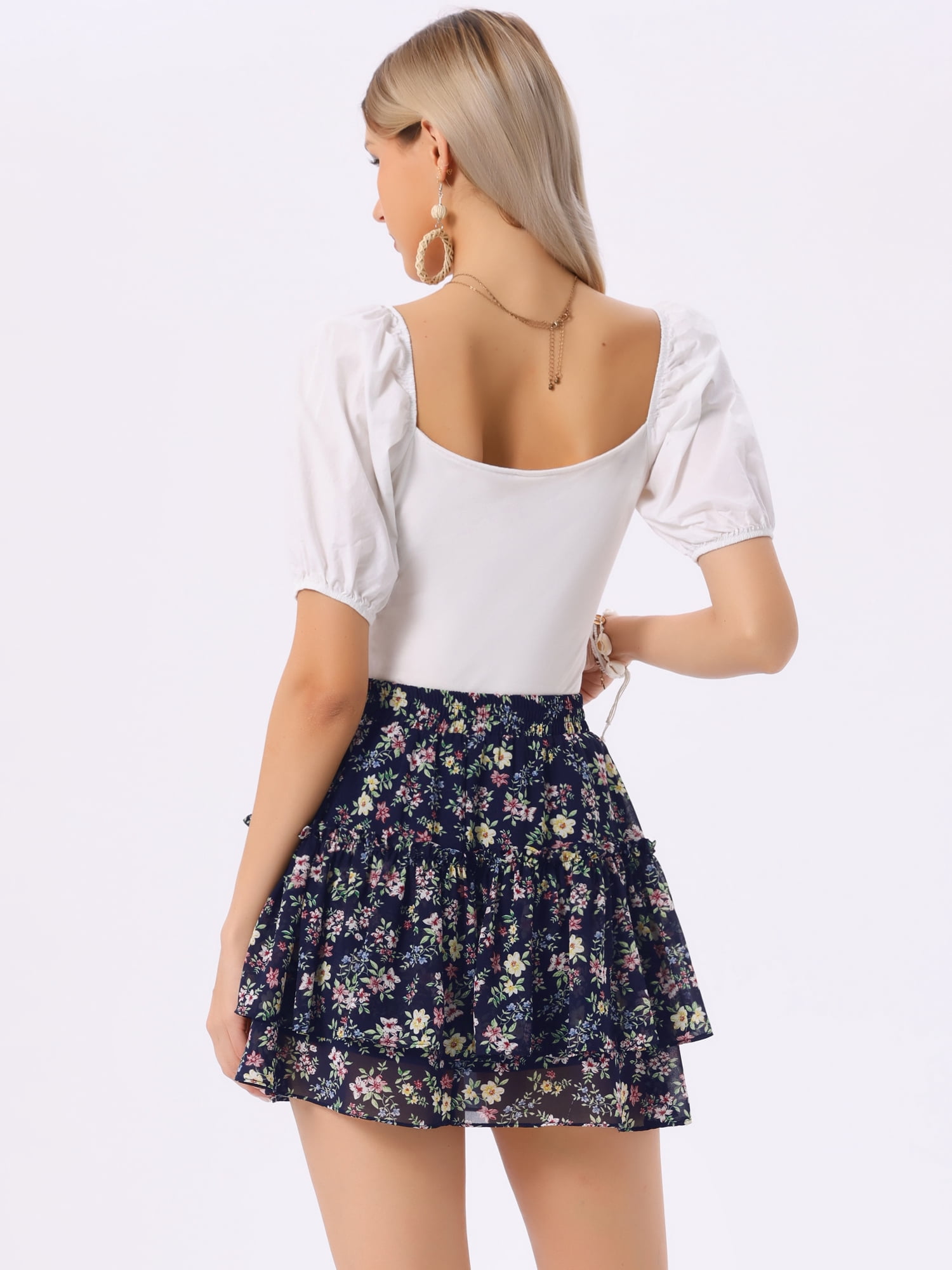 DARING DIVA Women's Floral Tiered Ruffle Print Chiffon A-Line Mini Skirt S Dark Blue Red