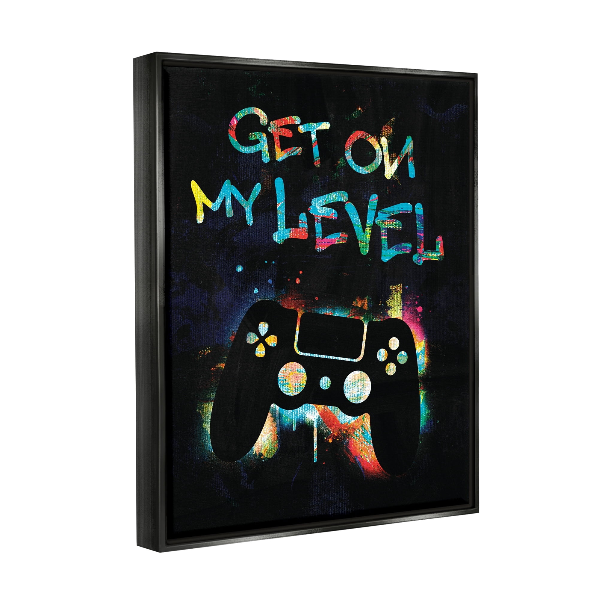 Stupell Industries Get On My Level Gaming Controller Neon Paint Splatter Graphic Art Jet Black Floating Framed Canvas Print Wall Art, Design by Victoria Barnes