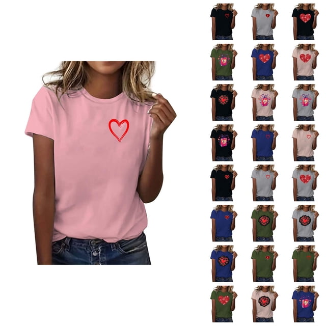 T-shirts pour Femmes de la Saint-Valentin 2026 Mode Manches Courtes Col Rond avec Cœur Graphique