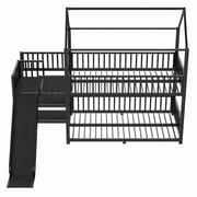 Bellemave Bunk Bed with Slide and Stairs, Metal Twin Over Twin House Bunk Bed Frame with Storage Shelves, Floor Low Bunk Beds for Bedroom (Black)