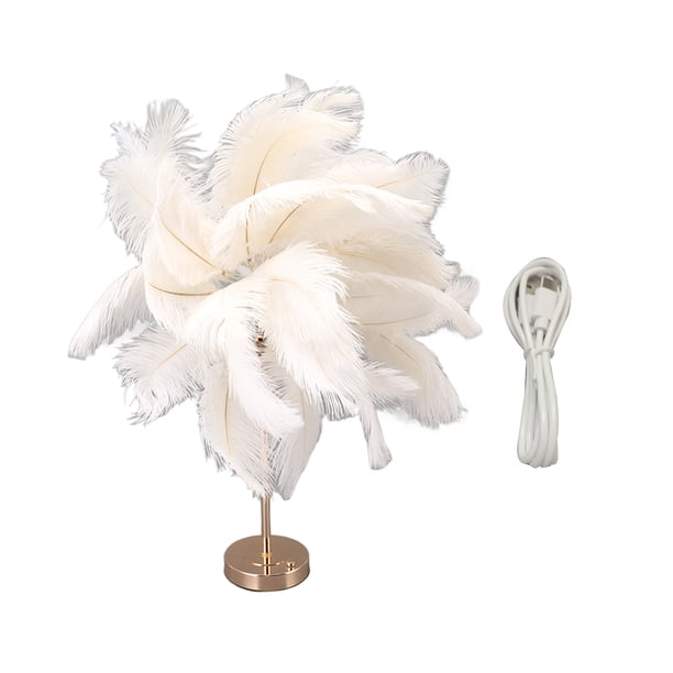 Lámpara de mesa de plumas de avestruz recargable, moderna y romántica, para decoración del hogar, color blanco