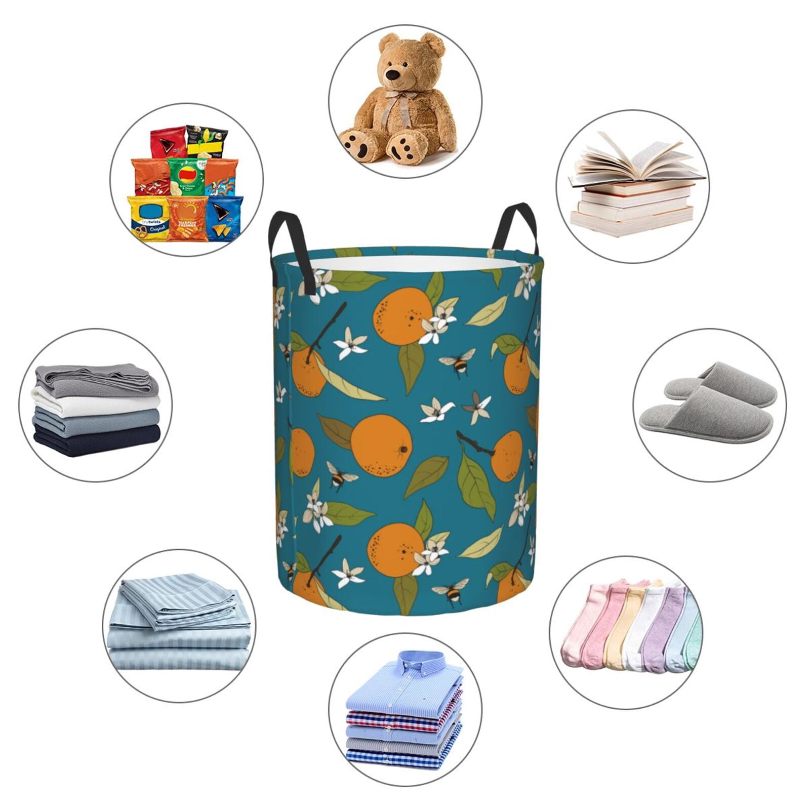 Large Laundry Basket with Handles - Cute Orange Bee Flower Leaves Kids Baby Dirty Clothes Laundry Hamper for Bedroom Aesthetic