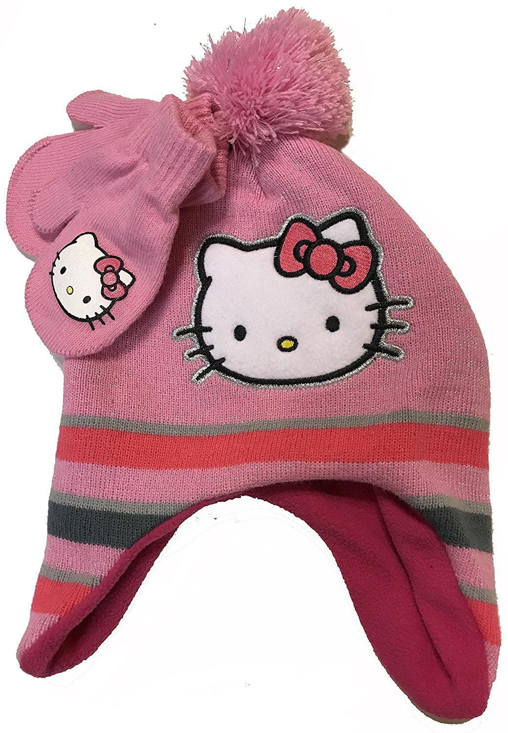 NEW Toddler Girls White Pink Hello Kitty Peruvian Hat and Mittens Set 2T-5T 