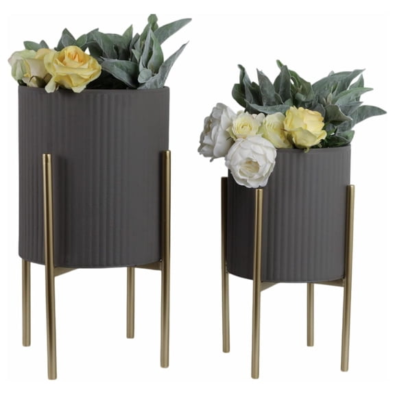 Metal Planter with Stand Set - Modern Indoor Outdoor Flower Pot - Durable Iron Construction - Ribbed Design - Home Garden Decor - Set of 2-12" & 18" - Gray