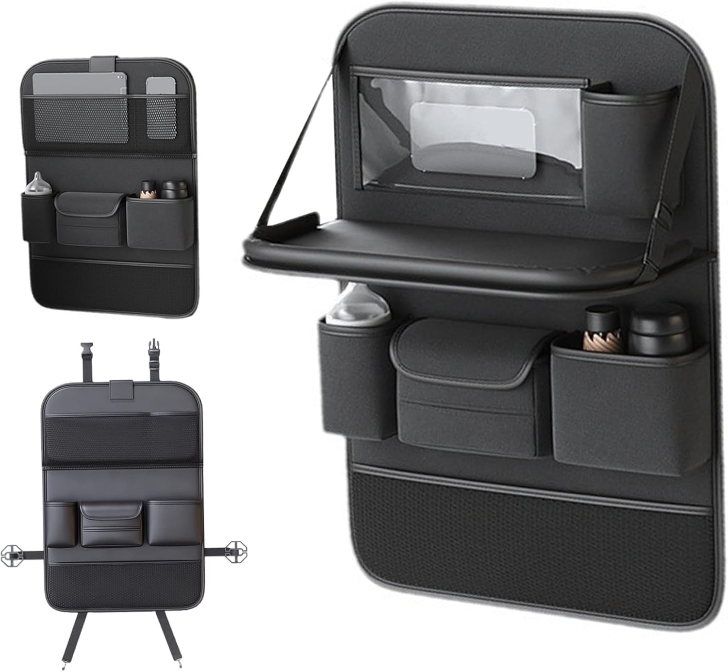 Car Seat Organizer for Backseat - Leather Seat Back Protector with Foldable Tray, Tablet Holder & Kick Mats, Multi-Function Travel Storage Organizer for Kids, Family, SUVs, Trucks and Minivans P