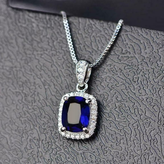 3Ct Cushion Cut Blue Sapphire Diamond Halo Pendant Necklace 14K White Gold Plated Silver