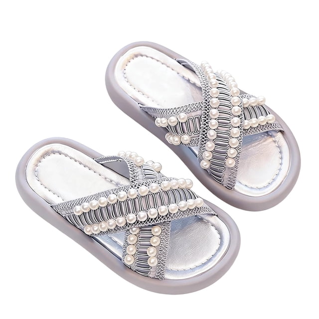 Slippers for Girls, Sweet Pearl Soft Sole Cross Strap Sandals for Spring Summer Outdoor Wear
