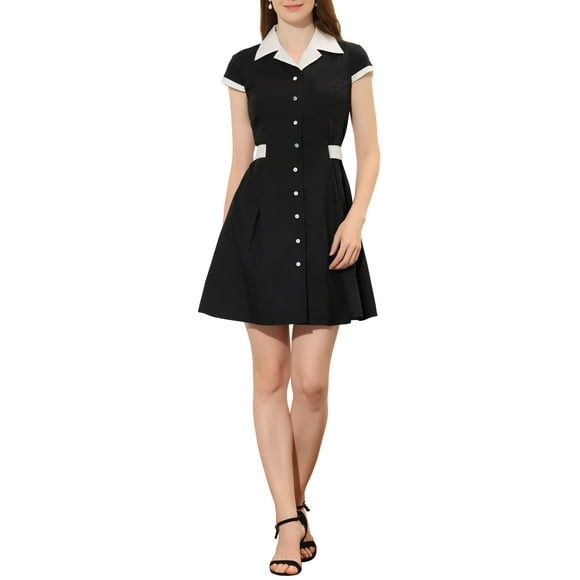 INSPIRE CHIC Vestido de Camisa de Mujer con Botones, Cuello Notch, Manga Corta, Vestidos de Trabajo con Cinturón, Negro