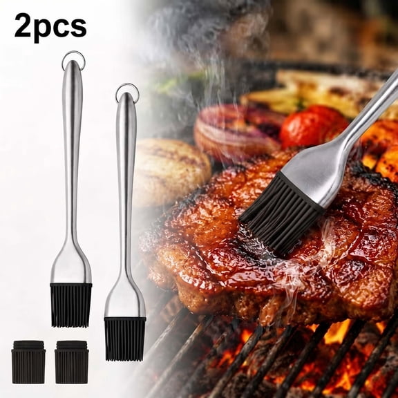Stainless Steel Basting & Grill Brush with Backup Silicone Brush Heads, Black for Kitchen Cooking Marinating Grilling Baking Pastry