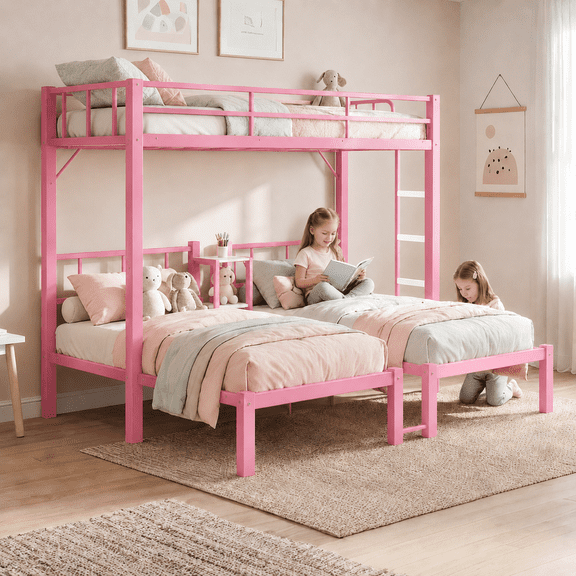 Zimtown Triple Twin Bunk Bed Twin over Twin over Twin XL, Heavy Duty Metal Frame Convertible to 3 Beds, Bunk Bed Frame with Guardrails & Ladder, Pink