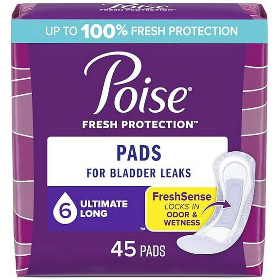 Poise Incontinence Pads & Postpartum Incontinence Pads, 6 Drop Ultimate Absorbency, Long Length, 45 Count, Packaging May Vary